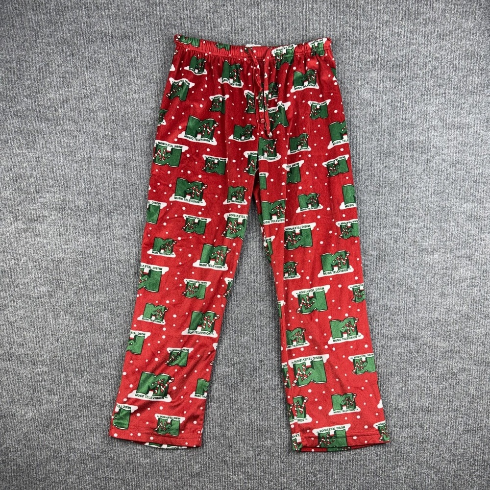 MTV Music Television Pajama Pants Mens Large Red Fleece Christmas Lounge Sleep
